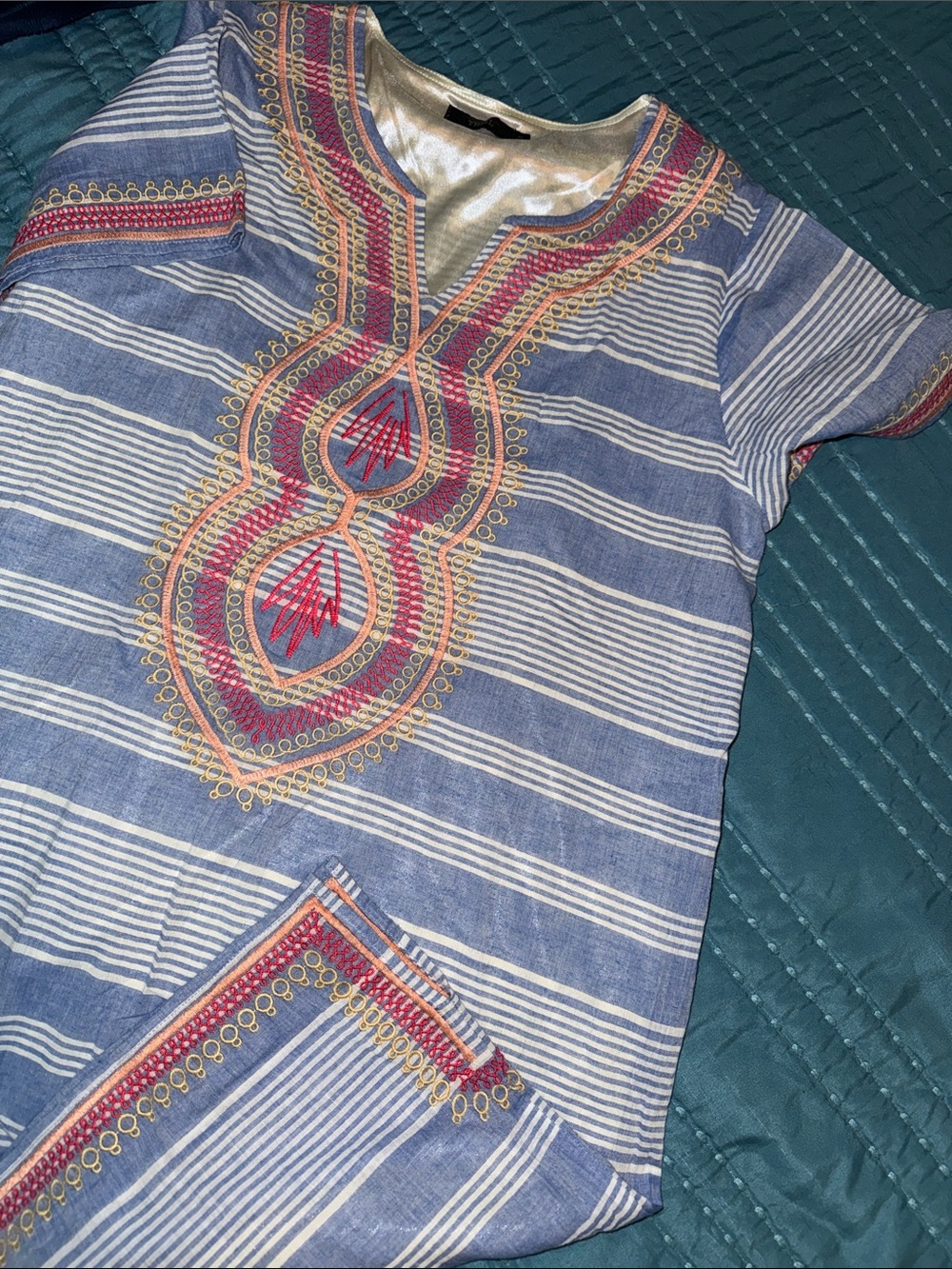 THML Blue Striped Embroidered Tunic with Gold Accents